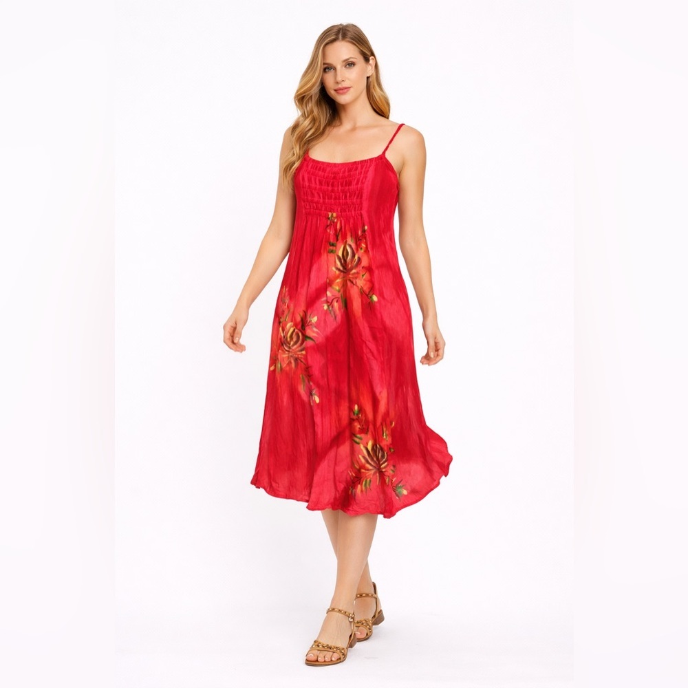 Vintage 90s Tropical Batik Smocked Pink/red floral sundress Dress Rayon OSFM